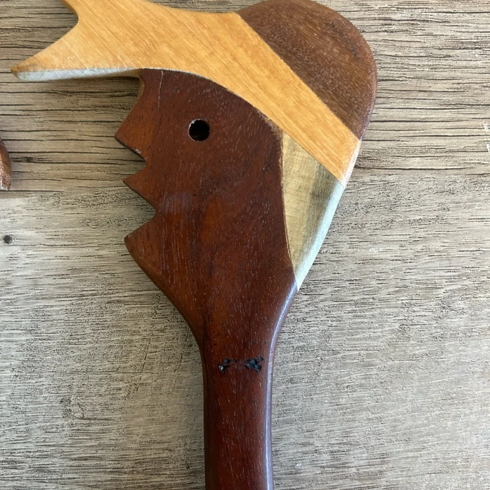 Vintage Hand Carved Wood Man Woman Salad Spoon‎ Fork Set Folk Art Kitchen Decor